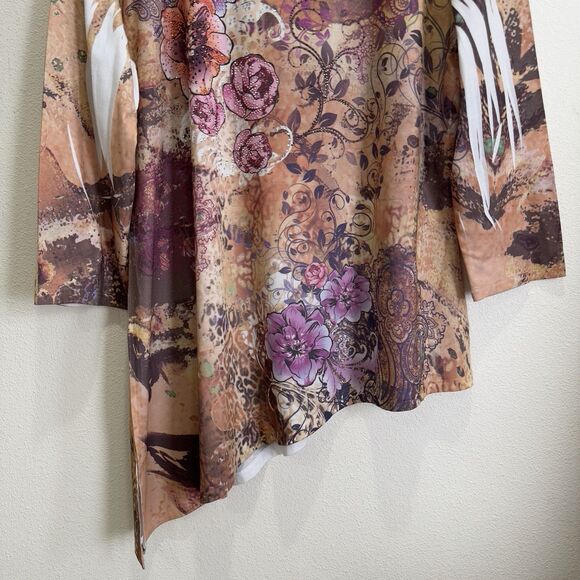 Jess & Jane Top Womens XL Beige Floral Colorful Artsy Boho Asymmetric Comfy USA - Picture 3 of 15